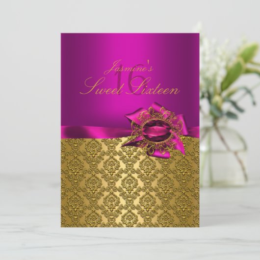 Gem & Bow | Rosa Sweet 16 Einladung (Stehend Vorderseite)