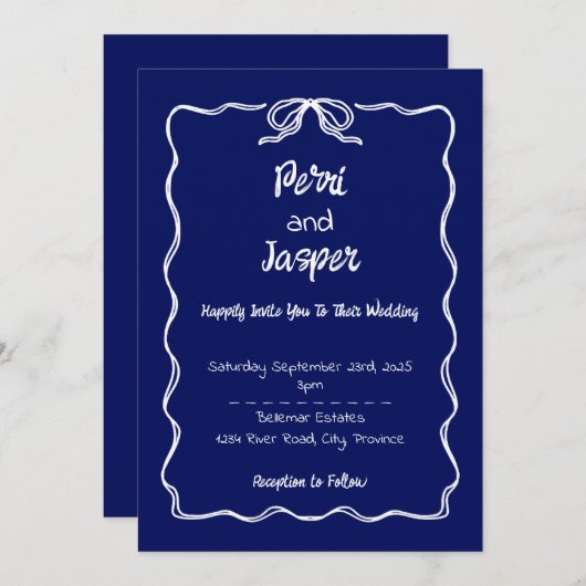 Gem & Pen Wedding Einladung Royal Blue (Vorne/Hinten)