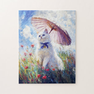 Gemälde der weißen Katze mit Sonnenschirm auf Mohn Puzzle