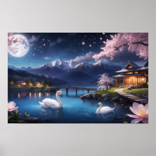 Gemälde der wundervollen Nacht Japan Sakura Baum Poster