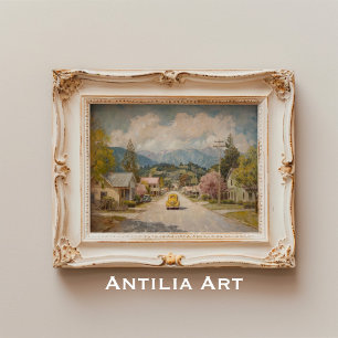 Gemälde einer alten Landstadt mit rustikalem gelbe Poster