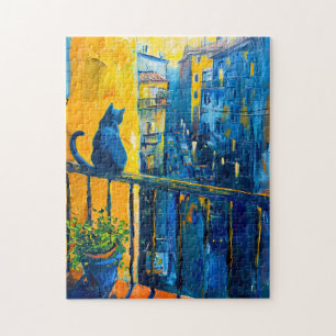 Gemälde einer Katze auf Balkongeländer beim Betrac Puzzle