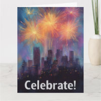 Gemälde einer Stadt-Silhouette unter Feuerwerk
