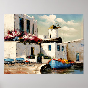 Gemälde einer Windmühle im Hafen einer griechische Poster