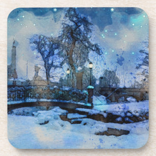 Gemälde einer Winternacht im Stadtpark Getränkeuntersetzer