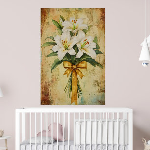 Gemälde eines Bouquets weißer Lilien mit goldenem  Poster