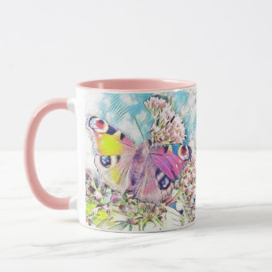 Gemälde eines rosa Schmetterlings auf farbigen Blu Tasse