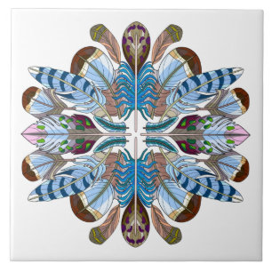 Gemälde Feather Mandala, Blues/Browns Fliese