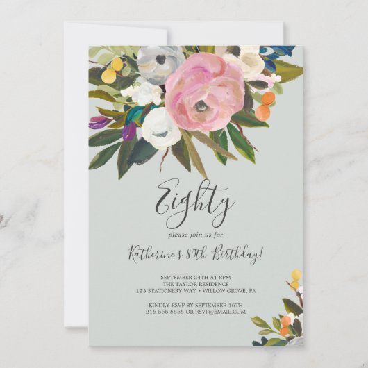 Gemälde floral 80. Geburtstag Einladung (Vorderseite)