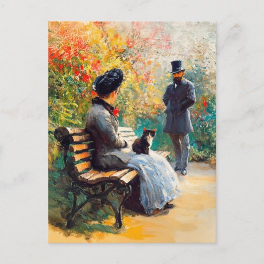 Gemälde im Garten mit Katze auf dem Sprung Postkarte (Vorderseite)