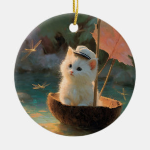 Gemälde von flauschigem weißen Kätzchen, das in ei Keramik Ornament