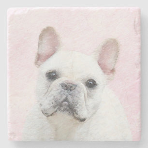 Gemälde von Französisch-Bulldog (Cream/White) - Hu Steinuntersetzer