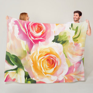 Gemälde von gelben und rosa Rosen Fleecedecke