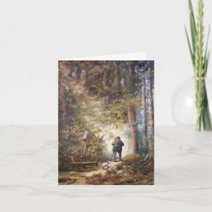Gemälde von Mann und Hund auf einem Waldweg Feiertagskarte