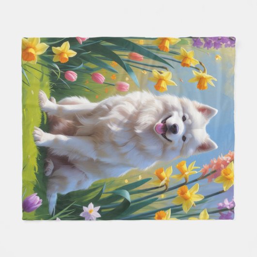 Gemälde von Samoyed Dog Spring Blumen Fleecedecke (Vorderseite (Horizontal))
