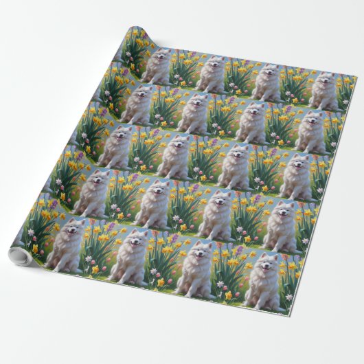 Gemälde von Samoyed Dog Spring Blumen Geschenkpapier (Ungerollt)