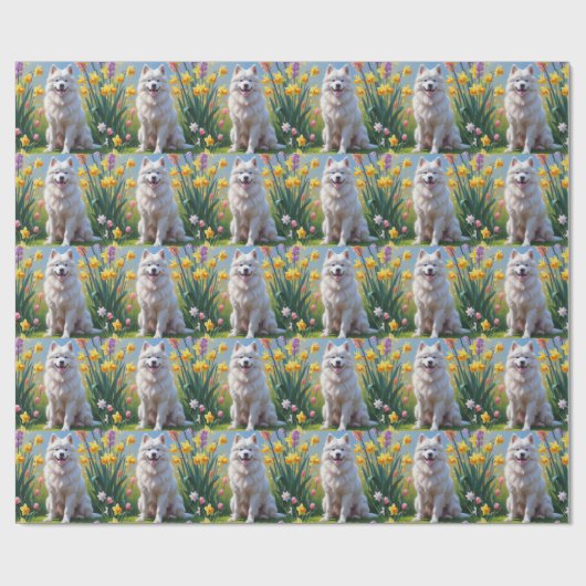 Gemälde von Samoyed Dog Spring Blumen Geschenkpapier (Flach)