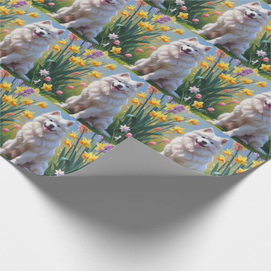 Gemälde von Samoyed Dog Spring Blumen Geschenkpapier (Ecke)
