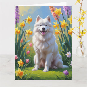 Gemälde von Samoyed Dog Spring Blumen Karte