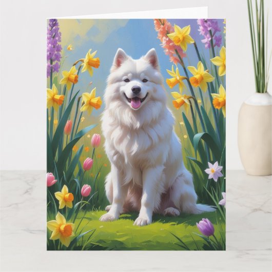 Gemälde von Samoyed Dog Spring Blumen Karte (Vorderseite)