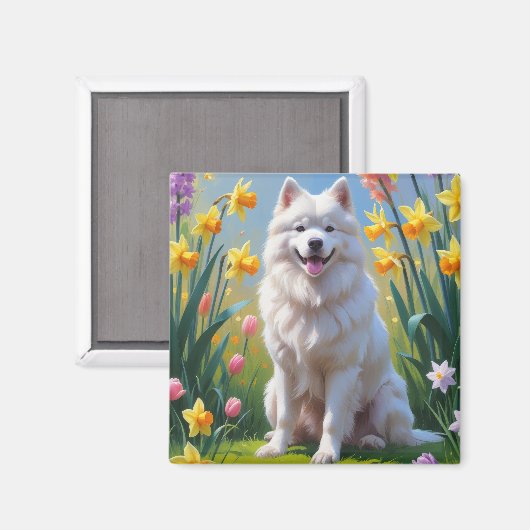 Gemälde von Samoyed Dog Spring Blumen Magnet (Vorderseite/Rückseite)