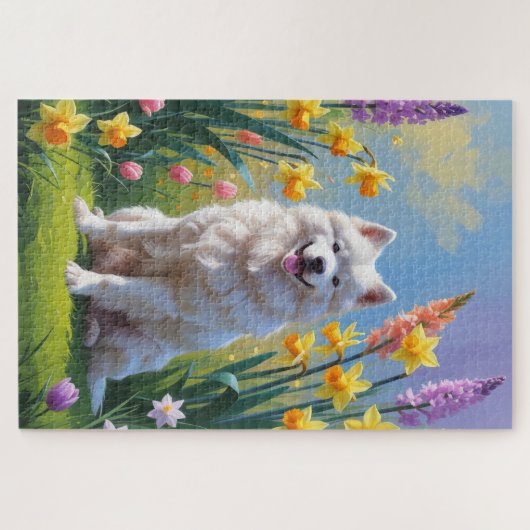 Gemälde von Samoyed Dog Spring Blumen Puzzle (Horizontal)