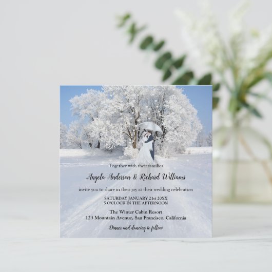 Gemäldekuchen mit Schneeschlitten Winterhochzeit Einladung (Stehend Vorderseite)