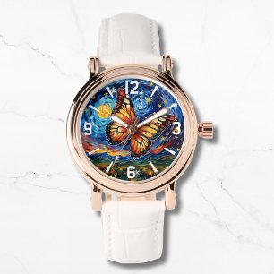 Gemäldete Butterfly Starry Night Sky Elegante Frau Armbanduhr