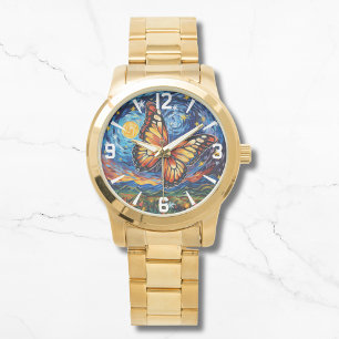 Gemäldete Butterfly Starry Night Sky Elegante Frau Armbanduhr