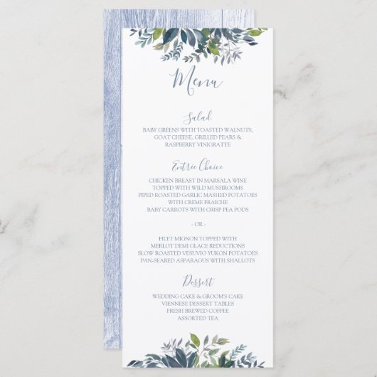 Gemäldete Grünpflanzen Hochzeitsmenüs Dusty Blue Menükarte (Vorne/Hinten)