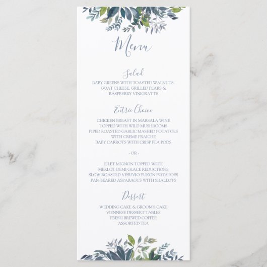 Gemäldete Grünpflanzen Hochzeitsmenüs Dusty Blue Menükarte (Vorderseite)