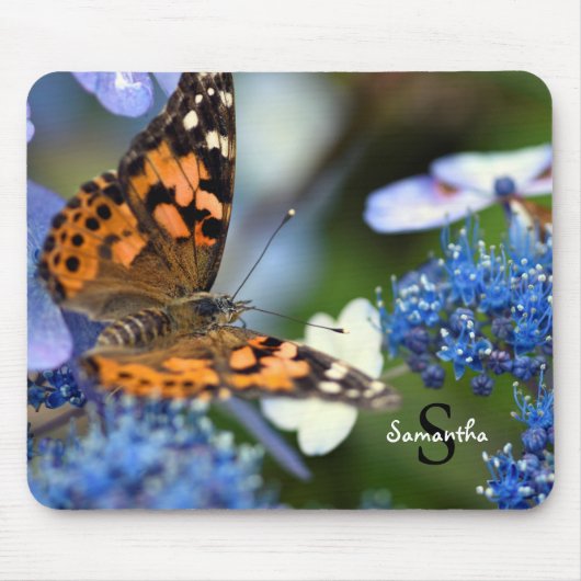 Gemäldete Lady Butterfly auf einem Blue Hydrangea Mousepad (Vorne)
