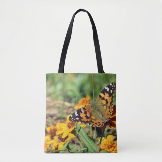 Gemäldete Lady Butterfly auf Zinnia Tote Bag Tasche (Vorderseite)