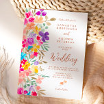 Gemäldete Wildblumen Foto Hochzeitsschrift Einladung<br><div class="desc">Moderne,  feine,  handgemalte Blume in knalligen Farbtönen,  Rot,  Blau,  Gelb und Grün,  mit einem eleganten Pinsel-Script-Schriftart,  um Ihre Hochzeit im Freien stilvoll zu feiern. Fügen Sie Ihr Foto auf der Rückseite!</div>