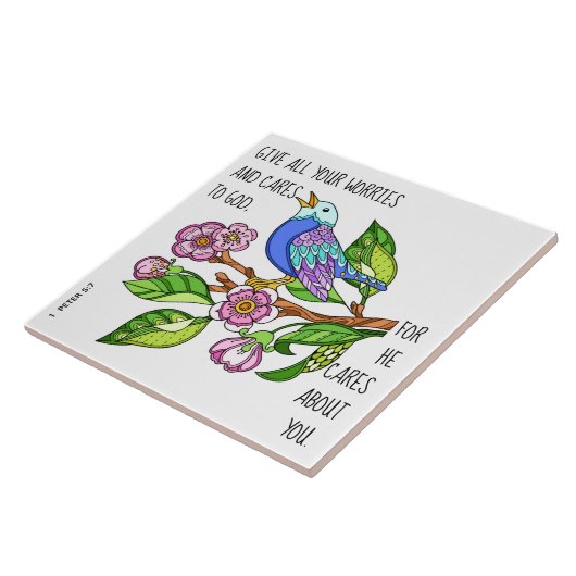 Gemäldeter Vogel, Vers 1 Peter 5:7 Fliese (Seite)