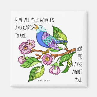 Gemäldeter Vogel, Vers 1 Peter 5:7 Magnet