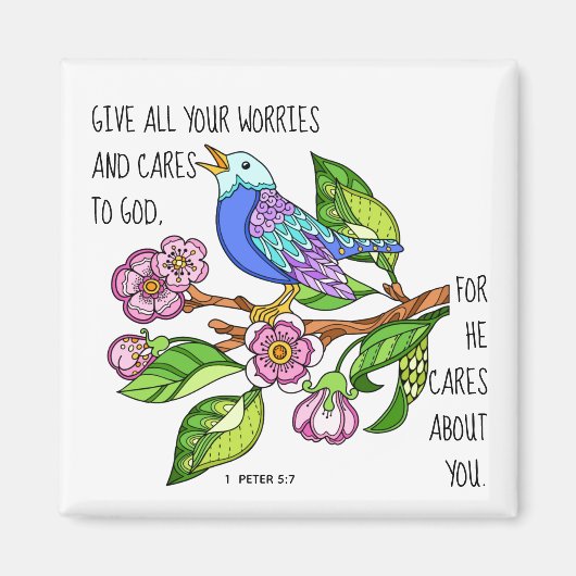 Gemäldeter Vogel, Vers 1 Peter 5:7 Magnet (Vorne)