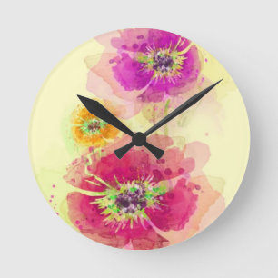 Gemalte Aquarellmohnblumen 2 Runde Wanduhr