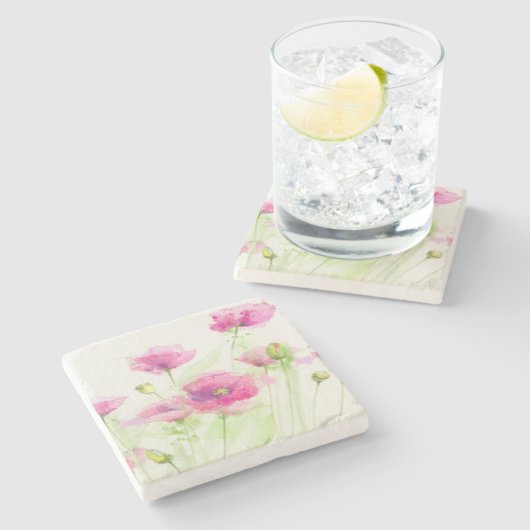 Gemalte Aquarellmohnblumen 3 Steinuntersetzer (Seitenansicht)