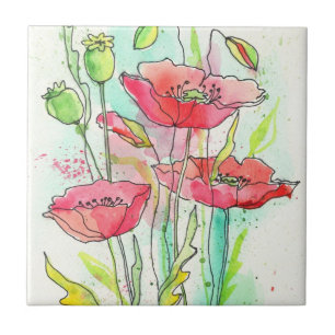 Gemalte Aquarellmohnblumen Fliese