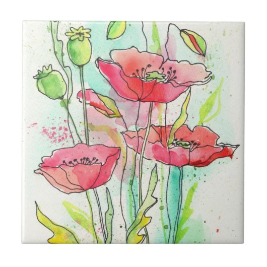 Gemalte Aquarellmohnblumen Fliese (Vorderseite)