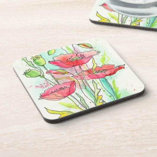 Gemalte Aquarellmohnblumen Getränkeuntersetzer (Linke Seite)