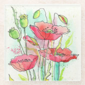 Gemalte Aquarellmohnblumen Glasuntersetzer (Vorderseite)