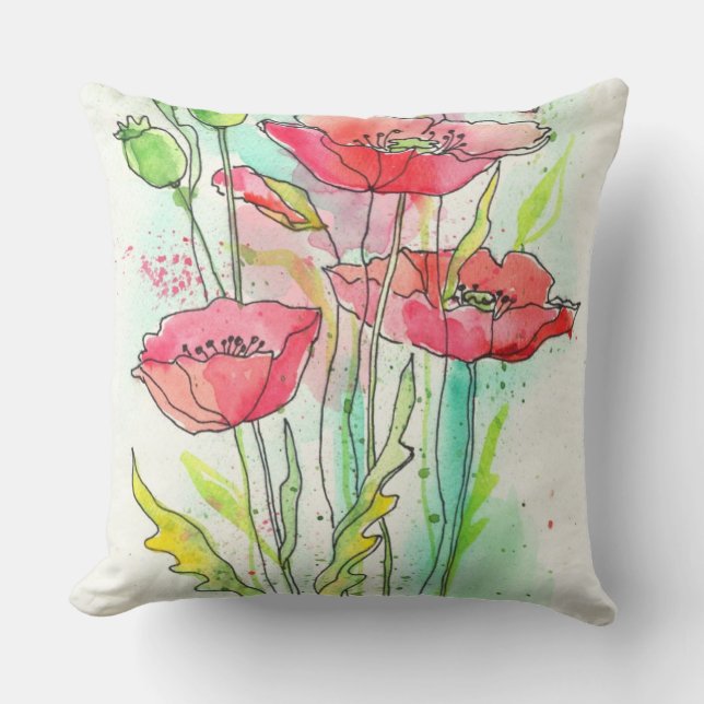 Gemalte Aquarellmohnblumen Kissen (Vorderseite)