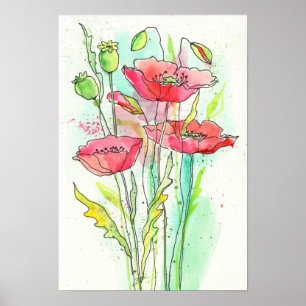 Gemalte Aquarellmohnblumen Poster