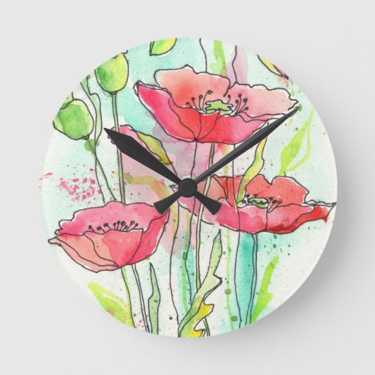 Gemalte Aquarellmohnblumen Runde Wanduhr (Vorderseite)