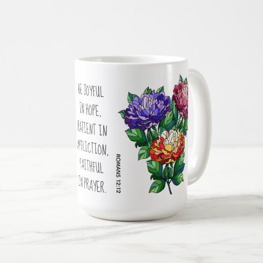 Gemalte Blume mit Vers von Römern 12:12 Kaffeetasse (VorderseiteRechts)