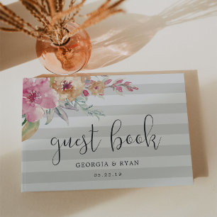 Gemalte Blüten Graue Stripe Wedding Gästebuch