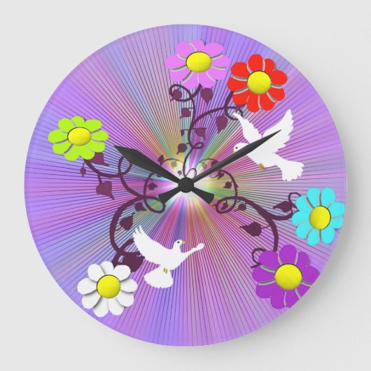 Gemalte Gänseblümchen und Tauben-Wanduhr Große Wanduhr (Vorderseite)