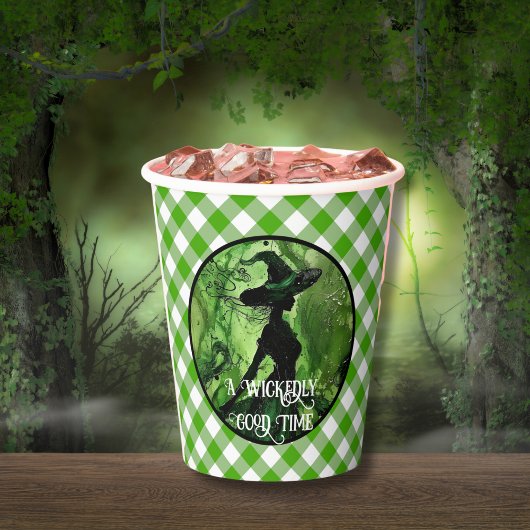 Gemalte Hexe mit grünem Gingham-Karo Pappbecher